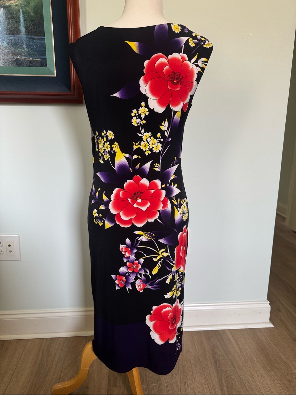 Black Floral Midi Dress with Red & Yellow Blooms by